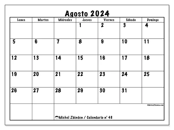 Calendario n.° 48 para agosto de 2024 para imprimir gratis. Semana: De lunes a domingo.