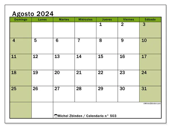Calendario para imprimir n° 503, agosto de 2024