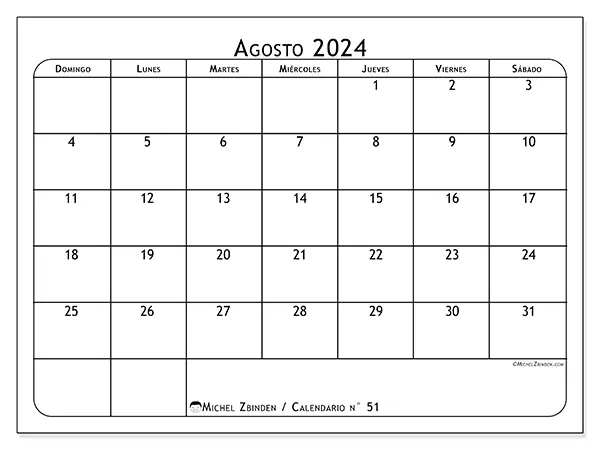Calendario n.° 51 para agosto de 2024 para imprimir gratis. Semana: De domingo a sábado.