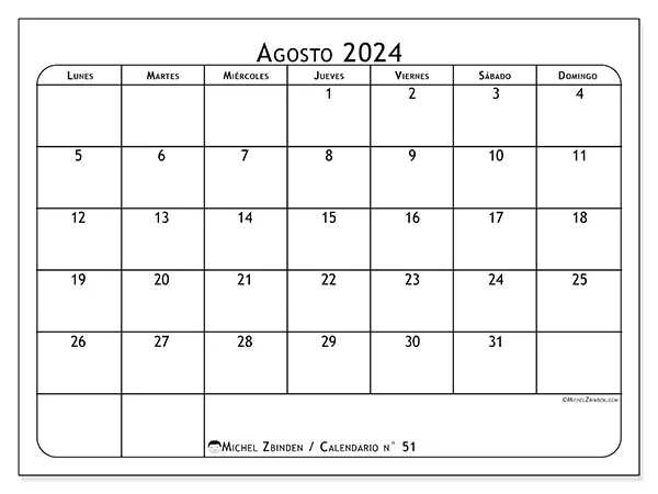 Calendario n.° 51 para imprimir gratis, agosto 2025. Semana:  De lunes a domingo