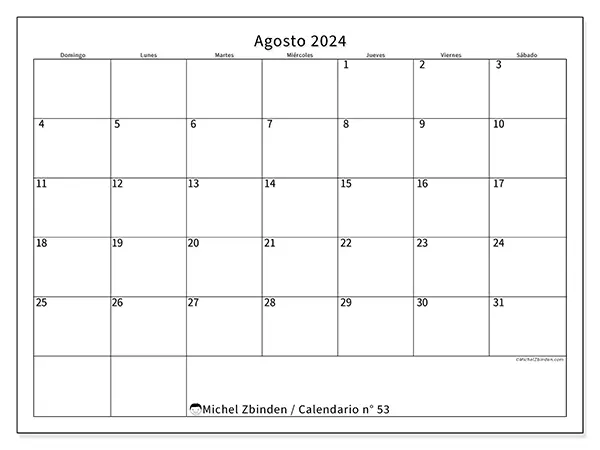 Calendario n.° 53 para agosto de 2024 para imprimir gratis. Semana: De domingo a sábado.