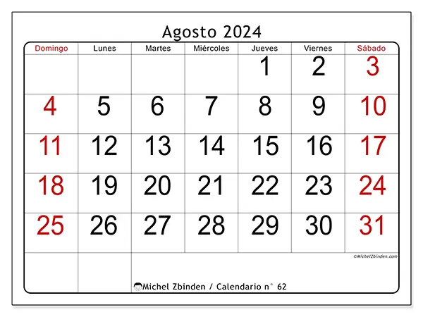 Calendario n.° 62 para agosto de 2024 para imprimir gratis. Semana: De domingo a sábado.