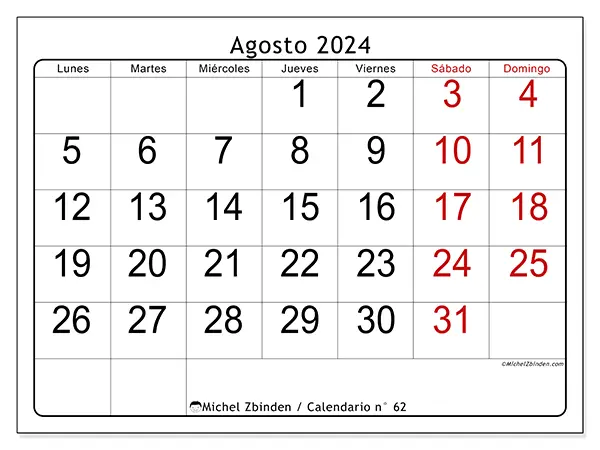 Calendario n.° 62 para agosto de 2024 para imprimir gratis. Semana: De lunes a domingo.