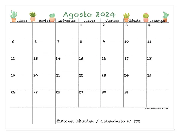 Calendario n.° 772 para imprimir gratis, agosto 2025. Semana:  De lunes a domingo