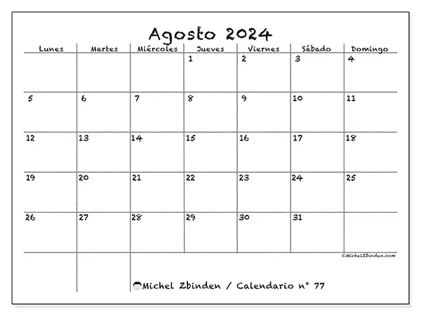 Calendario para imprimir gratis n° 77 para agosto de 2024. Semana: De lunes a domingo.