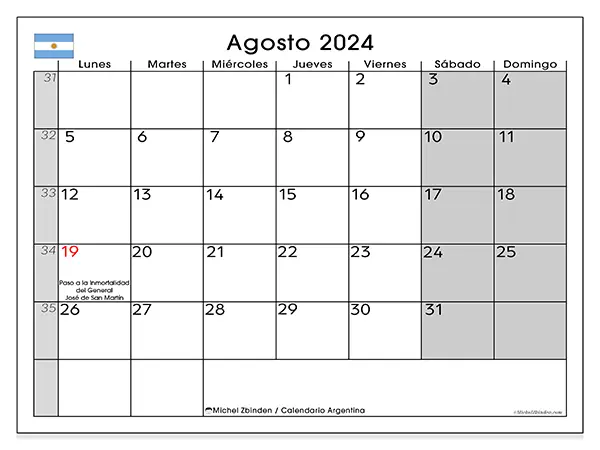 Calendario Argentina para imprimir gratis de agosto de 2024. Semana: De lunes a domingo.