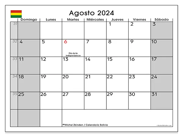 Calendario Bolivia para imprimir gratis de agosto de 2024. Semana: De domingo a sábado.