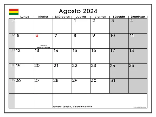 Calendario de Bolivia para imprimir gratis, agosto 2025. Semana:  De lunes a domingo