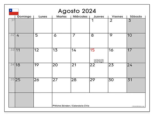 Calendario Chile para imprimir gratis de agosto de 2024. Semana: De domingo a sábado.