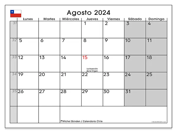 Calendario Chile para imprimir gratis de agosto de 2024. Semana: De lunes a domingo.