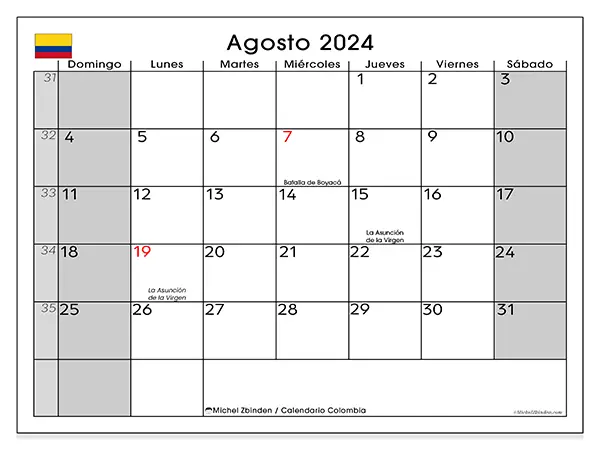 Calendario Colombia para imprimir gratis de agosto de 2024. Semana: De domingo a sábado.