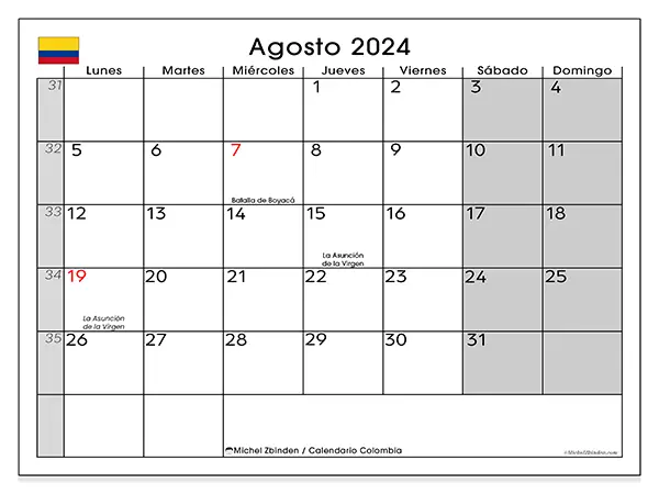 Calendario Colombia para imprimir gratis de agosto de 2024. Semana: De lunes a domingo.