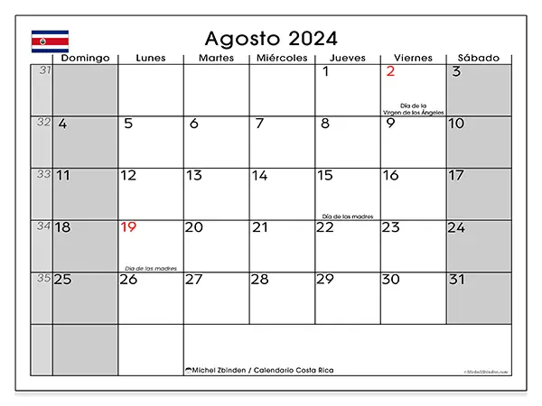 Calendario Costa Rica para imprimir gratis de agosto de 2024. Semana: De domingo a sábado.