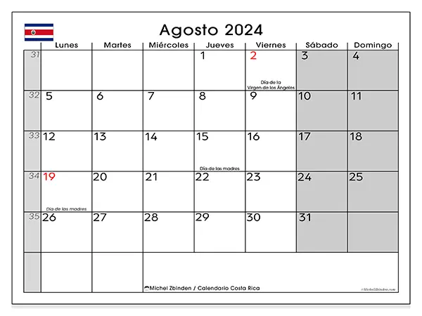 Calendario Costa Rica para imprimir gratis de agosto de 2024. Semana: De lunes a domingo.