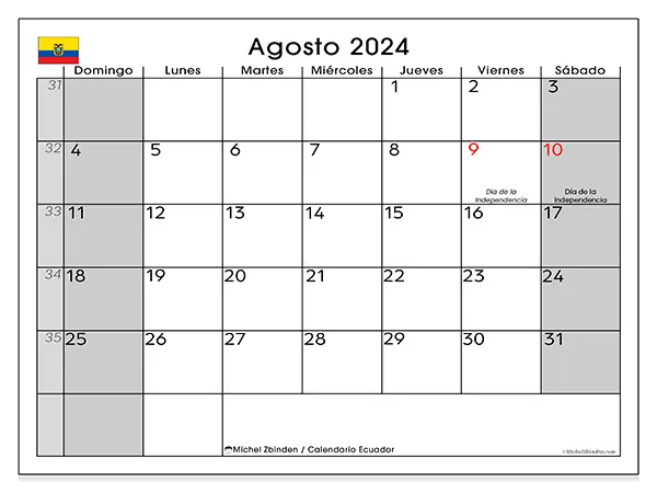 Calendario Ecuador para imprimir gratis de agosto de 2024. Semana: De domingo a sábado.
