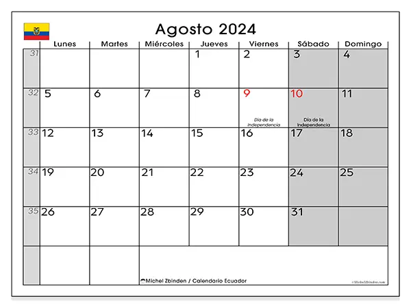 Calendario Ecuador para imprimir gratis de agosto de 2024. Semana: De lunes a domingo.