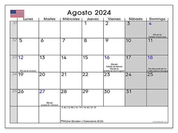 Calendario Estados Unidos para imprimir gratis de agosto de 2024. Semana: De lunes a domingo.
