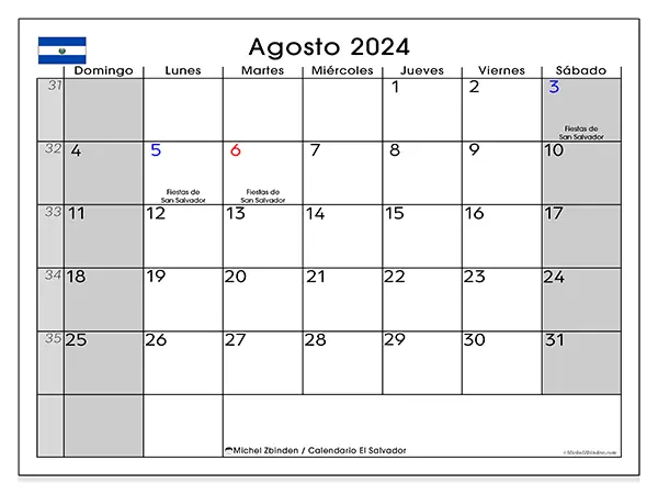 Calendario para imprimir gratis de El Salvador para agosto de 2024. Semana : De domingo a sábado.