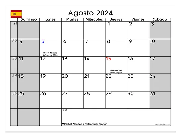 Calendario España para imprimir gratis de agosto de 2024. Semana: De domingo a sábado.