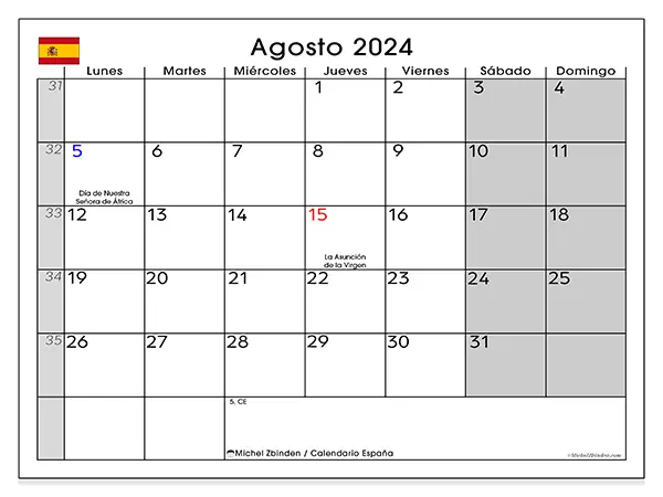 Calendario de España para imprimir gratis, agosto 2025. Semana:  De lunes a domingo