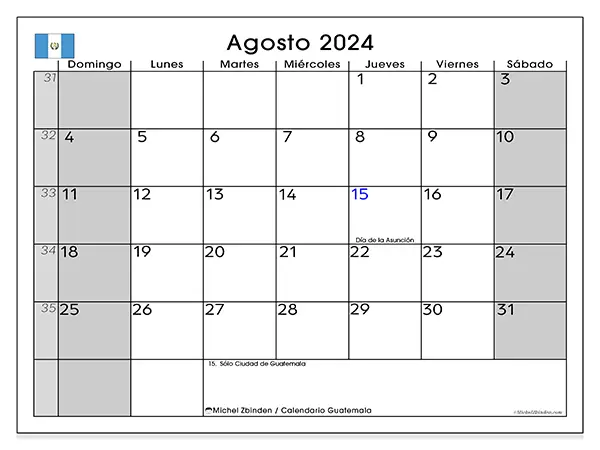 Calendario Guatemala para imprimir gratis de agosto de 2024. Semana: De domingo a sábado.