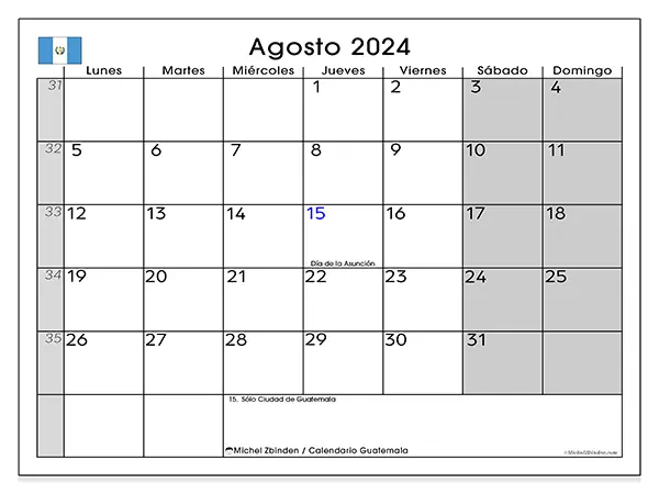 Calendario Guatemala para imprimir gratis de agosto de 2024. Semana: De lunes a domingo.