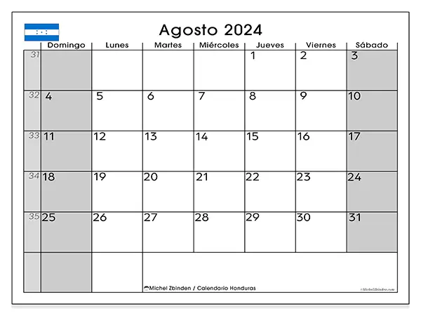 Calendario Honduras para imprimir gratis de agosto de 2024. Semana: De domingo a sábado.