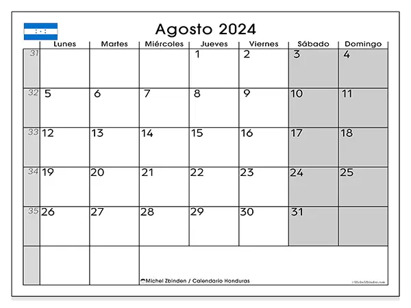 Calendario Honduras para imprimir gratis de agosto de 2024. Semana: De lunes a domingo.