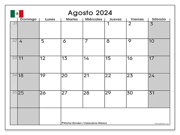 Calendario México para imprimir gratis de agosto de 2024. Semana: De domingo a sábado.