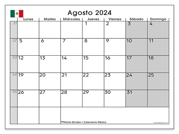 Calendario México para imprimir gratis de agosto de 2024. Semana: De lunes a domingo.