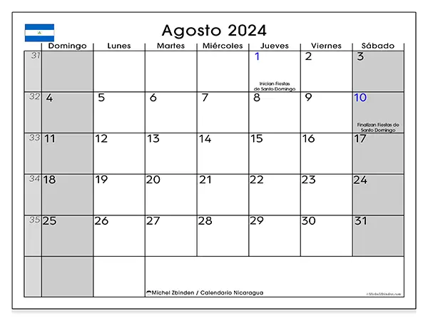 Calendario Nicaragua para imprimir gratis de agosto de 2024. Semana: De domingo a sábado.