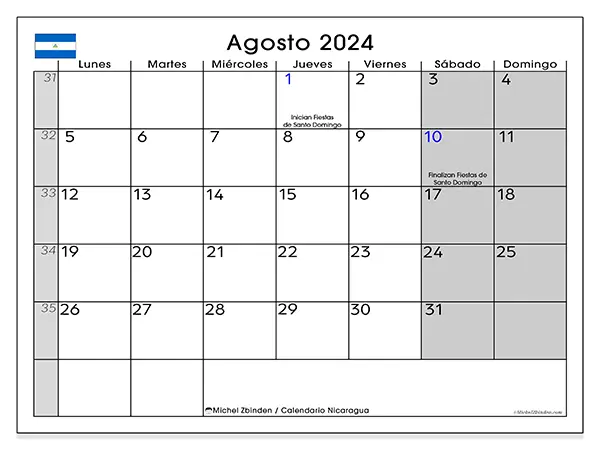Calendario Nicaragua para imprimir gratis de agosto de 2024. Semana: De lunes a domingo.