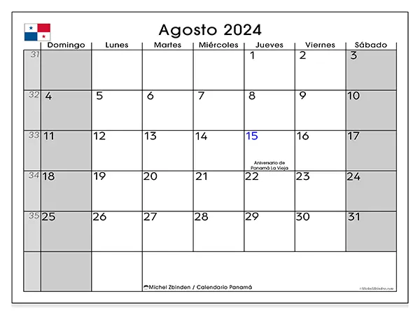 Calendario Panamá para imprimir gratis de agosto de 2024. Semana: De domingo a sábado.