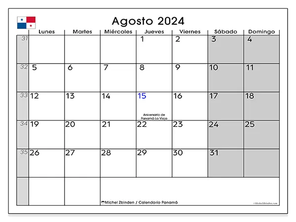 Calendario Panamá para imprimir gratis de agosto de 2024. Semana: De lunes a domingo.