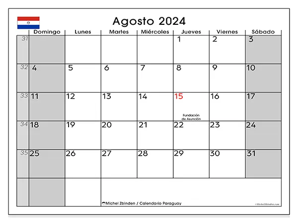 Calendario Paraguay para imprimir gratis de agosto de 2024. Semana: De domingo a sábado.