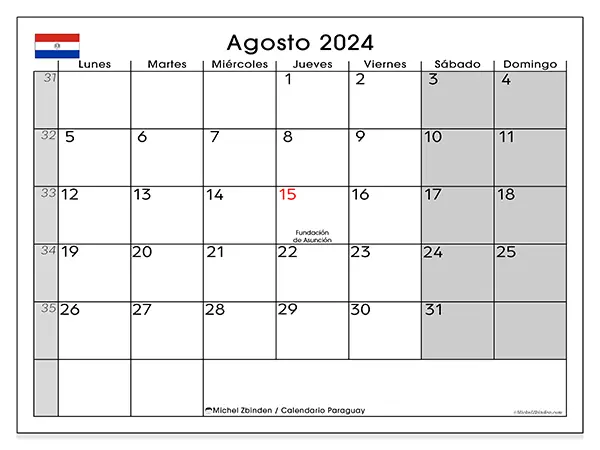 Calendario Paraguay para imprimir gratis de agosto de 2024. Semana: De lunes a domingo.