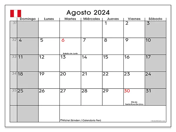 Calendario Perú para imprimir gratis de agosto de 2024. Semana: De domingo a sábado.