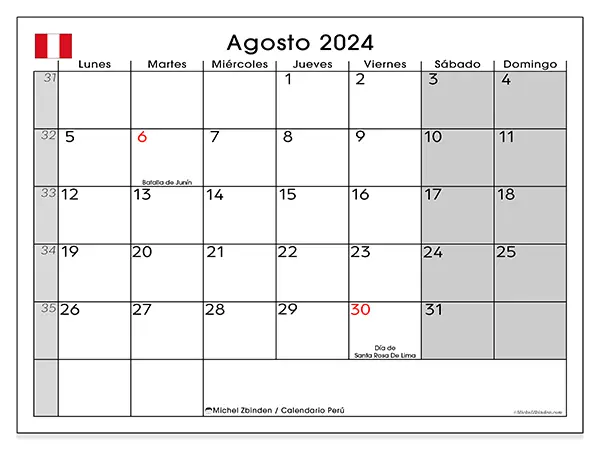 Calendario Perú para imprimir gratis de agosto de 2024. Semana: De lunes a domingo.