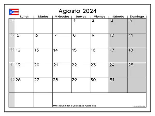 Calendario Puerto Rico para imprimir gratis de agosto de 2024. Semana: De lunes a domingo.