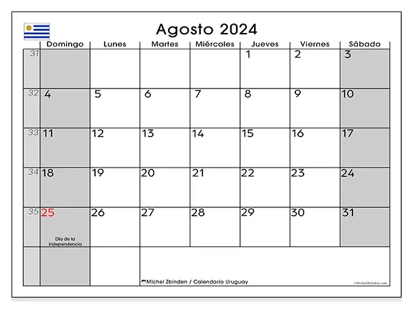 Calendario Uruguay para imprimir gratis de agosto de 2024. Semana: De domingo a sábado.