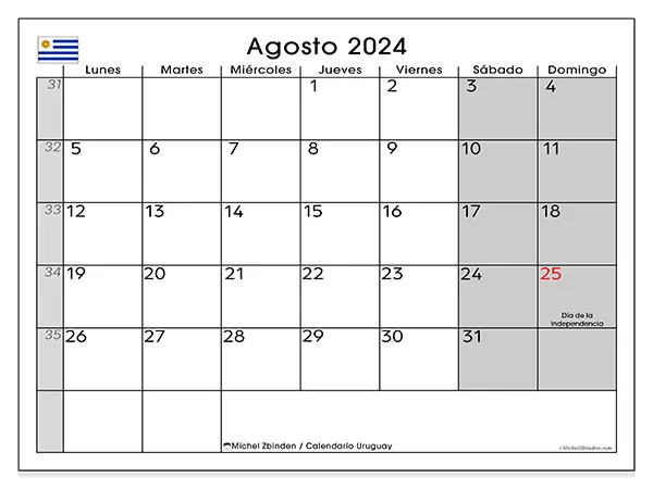 Calendario Uruguay para imprimir gratis de agosto de 2024. Semana: De lunes a domingo.