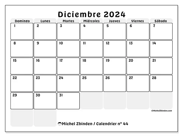 Calendario n.° 44 para diciembre de 2024 para imprimir gratis. Semana: De domingo a sábado.