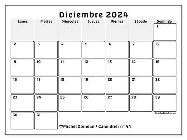 Calendario n.° 44 para diciembre de 2024 para imprimir gratis. Semana: De lunes a domingo.