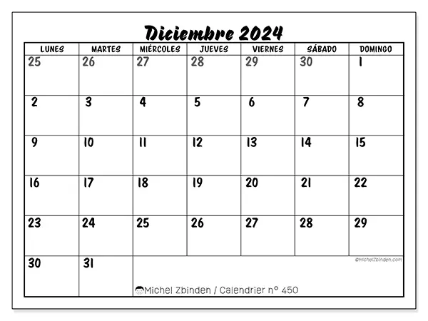 Calendario n.° 450 para imprimir gratis, diciembre 2025. Semana:  De lunes a domingo