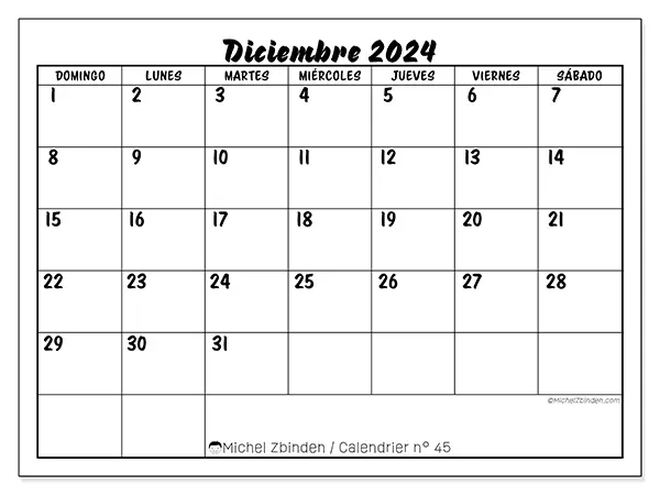 Calendario para imprimir n° 45, diciembre de 2024