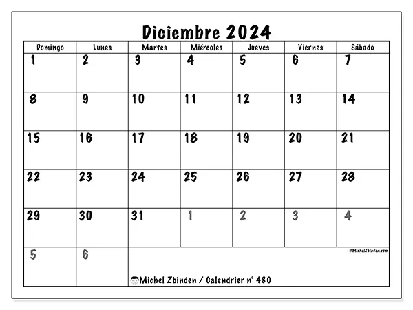 Calendario para imprimir n° 480, diciembre de 2024