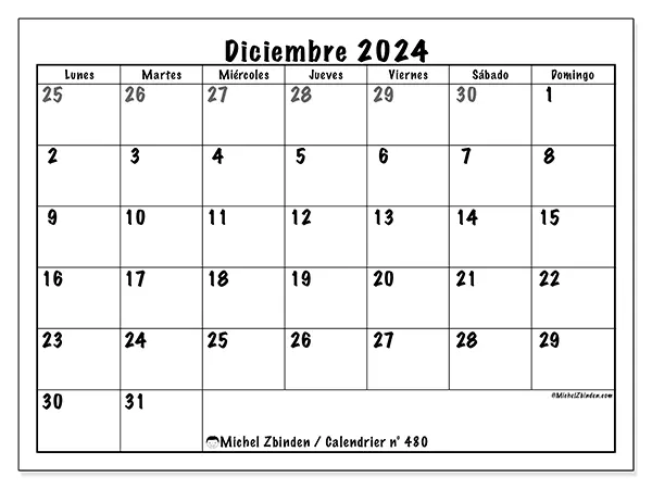 Calendario n.° 480 para diciembre de 2024 para imprimir gratis. Semana: De lunes a domingo.