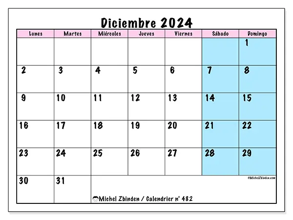 Calendario para imprimir n° 482, diciembre de 2024