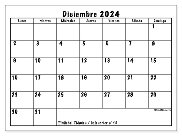 Calendario n° 48 para imprimir gratis, diciembre 2025. Semana:  De lunes a domingo