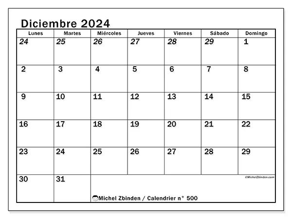 Calendario n.° 500 para diciembre de 2024 para imprimir gratis. Semana: De lunes a domingo.